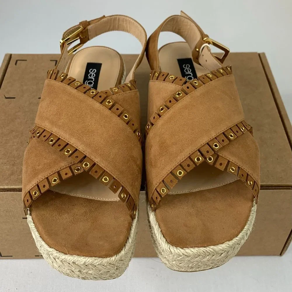 Sergio Rossi Womens Wedge Sandals Brown Fringe Suede Cross-Over Strap Sz‎ 8.5/40